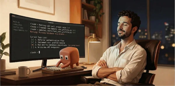 Empresário relaxado enquanto o Claude Code executa o trabalho no terminal
